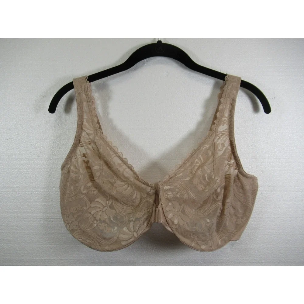 Glamorise Wonderwire Front Close Unlined Lace Bra 40DD Beige Underwire 9245